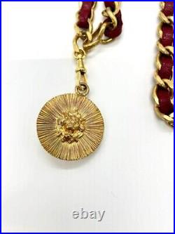 CHANEL BELT AUTH Coco chain CC Rare Vintage Gold RED Lion Medal Coin Necklace