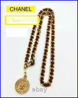CHANEL BELT AUTH Coco chain CC Rare Vintage Gold RED Lion Medal Coin Necklace