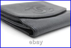 CHANEL Bifold Wallet Black Caviar Skin CC Logo Auth #A185