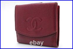 CHANEL Bifold Wallet Caviar Skin CC Logo Red Auth #A5
