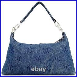 CHANEL CC Logo Pattern Shoulder Bag Blue Denim Clear Plastic Chain Handbag Auth