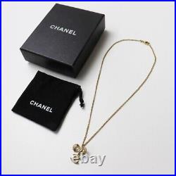 CHANEL CC Logo Rhinestone Ribbon Necklace 17 Gold Tone B14P Auth withBox JAPAN