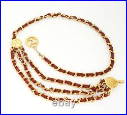 CHANEL CC Logos 1984 Red Leather Chain Belt Necklace 37 Gold-tone Auth #4588