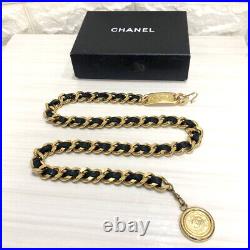 CHANEL CC Logos Black Leather Vintage Chain Belt 34 Gold Tone Auth withBox D-m112