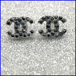 CHANEL CC Logos Black Rhinestone Stud Earrings 18K White Gold 09P Auth D-h111