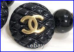 CHANEL CC Logos Black Stone Quilted Round Cufflinks Cuff Links Gold Tone Auth