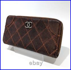 CHANEL CC long walle leather coco Stitching Brown Zip around Zippy Auth Japan