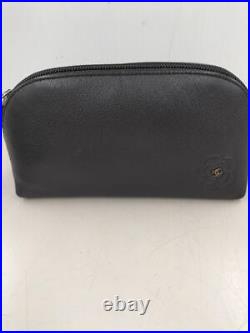CHANEL Camellia Cosmetic Pouch Black Leather Zip CC Coco Mark Flower Auth #3510D