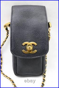CHANEL Chain Shoulder Pouch Phone Case Gold Turnlock CC Logo Black Leather Auth