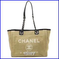 CHANEL Chanel Deauville Chain Tote Shoulder Bag MM Logo Beige Black A67001 Auth