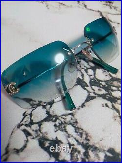 CHANEL Coco Logos Emerald Green Rhinestone Rimless Sunglasses 4017-D Italy Auth