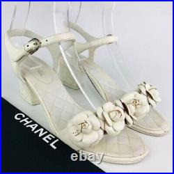 CHANEL Coco Mark Camellia Sandals Shoes US 7 Leather Off-White Used Japan Auth