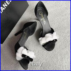 CHANEL Coco Mark Open Toe Ribbon Pumps Shoes US6.5 Leather Black Used Japan Auth