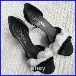CHANEL Coco Mark Open Toe Ribbon Pumps Shoes US6.5 Leather Black Used Japan Auth