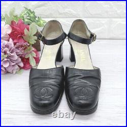 CHANEL Coco Mark Pumps Shoes US 5.5 Black Leather Used Japan Auth Free Shipping