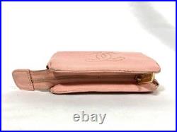 CHANEL Coin Case Mini Pouch Light Pink Grained Leather Caviar Skin CC Logo Auth
