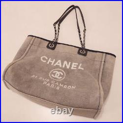 CHANEL Deauville Chain Tote Bag Gray Black Canvas CC Logo Handbag with Card Auth