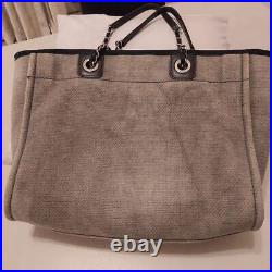 CHANEL Deauville Chain Tote Bag Gray Black Canvas CC Logo Handbag with Card Auth