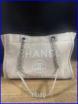 CHANEL Deauville Tote Shoulder Bag Beige Chanvas Silver Chain Strap CC Logo Auth