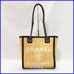 CHANEL Deauville Tote Shoulder Bag Canvas Beige Black CC Logo Silver Chain Auth