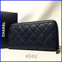 CHANEL Filigree Matelasse Long Wallet Caviar Skin Leather Navy women Japan Auth