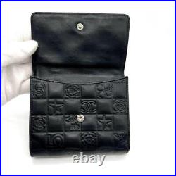 CHANEL Icon Bifold Wallet Black Embossed Leather Silver CC Logo with Hook Auth