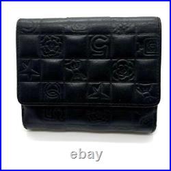 CHANEL Icon Bifold Wallet Black Embossed Leather Silver CC Logo with Hook Auth