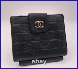 CHANEL Icon Bifold Wallet with Hook Black Embossed Leather Gold CC Logo Auth