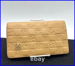 CHANEL Icon Line Bigold Wallet Embossed Brown Lambskin Leather Gold CC Logo Auth