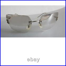 CHANEL Square Rimless Sunglasses Gray Gradient Silver Rhinestone CC Logo Auth