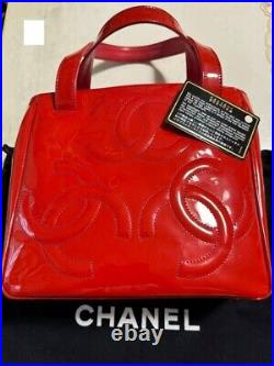 CHANEL Tote Bag Handbag Enamel Patent leather Red Triple Coco Mark Logo Auth