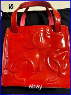 CHANEL Tote Bag Handbag Enamel Patent leather Red Triple Coco Mark Logo Auth