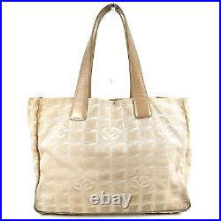 CHANEL Tote Bag New Travel Line MM Beige Cream Jacquard Leather Auth #138