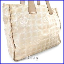 CHANEL Tote Bag New Travel Line MM Beige Cream Jacquard Leather Auth #138