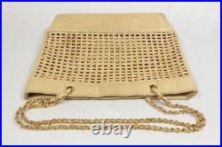 CHANEL Tote Shoulder Bag Beige Straw & Leather Triple CC Logo Chain Straps Auth