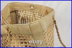 CHANEL Tote Shoulder Bag Beige Straw & Leather Triple CC Logo Chain Straps Auth