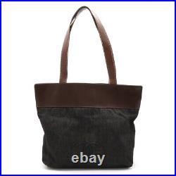 CHANEL Tote Shoulder Bag Black Denim Dark Brown Leather CC Logo Handbag Auth