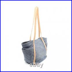 CHANEL Tote Shoulder Bag Blue Denim Beige Leather Camellia Flower CC Logo Auth