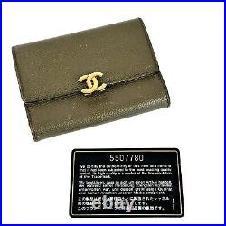 CHANEL Tri-Fold Card Case Caviar Skin Leather Business Khaki Auth From Japan