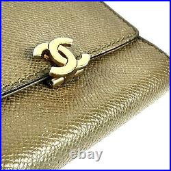 CHANEL Tri-Fold Card Case Caviar Skin Leather Business Khaki Auth From Japan