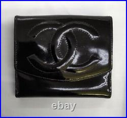 CHANEL Trifold Wallet Black Coco Mark Enamel Patent Leather Compact Purse Auth