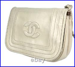 CHANEL Vintage Lambskin CC Logo Flap Shoulder Bag Matelasse Leather Ivory Auth