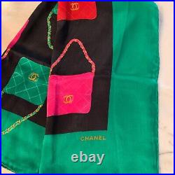 CHANEL Vintage Scarf Silk100% Green & Black Logo Matelasse 33x34 Auth N0071