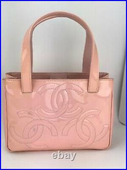 Chanel Bag Triple CC Logo Small Pink Patent Leather Tote Shoulder Bag Auth B345