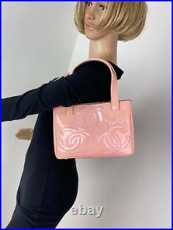 Chanel Bag Triple CC Logo Small Pink Patent Leather Tote Shoulder Bag Auth B345