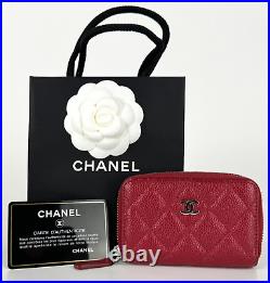 Chanel New Auth Red Leather Zip Card Coin Wallet Quilted Purse Gift Bag Camellia