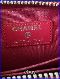 Chanel New Auth Red Leather Zip Card Coin Wallet Quilted Purse Gift Bag Camellia