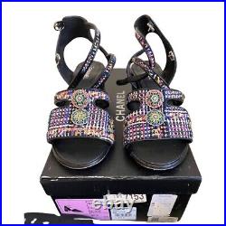Chanel Tweed Blue Black Sandals CC Logo 37.5 $2250 With Certificate Of Auth