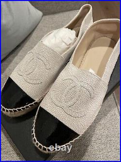NIB AUTH Chanel CC Beige Crackled Lambskin Leather Espadrilles Shoes 39 VeryRARE