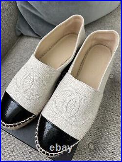 NIB AUTH Chanel CC Beige Crackled Lambskin Leather Espadrilles Shoes 39 VeryRARE